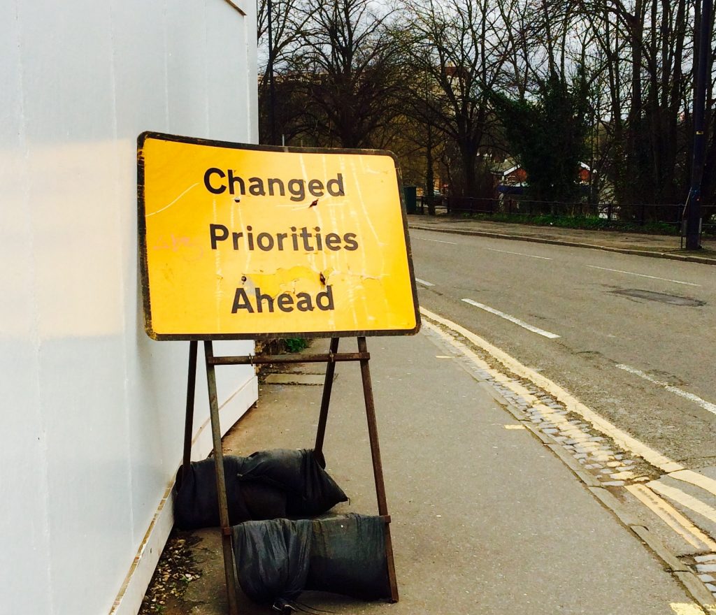 A road sign that says 'priorities changed ahead'