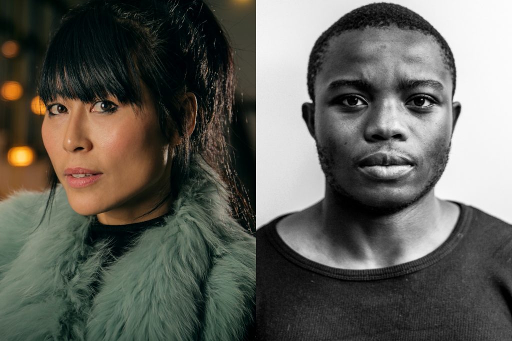 two side-by side portraits: Moi Tran, a Vietnamese/Chinese woman wearing a blue fur coat, and Bakani Pickup, a dark-skinned Black man against a bright white background