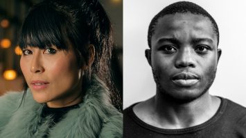 two side-by side portraits: Moi Tran, a Vietnamese/Chinese woman wearing a blue fur coat, and Bakani Pickup, a dark-skinned Black man against a bright white background