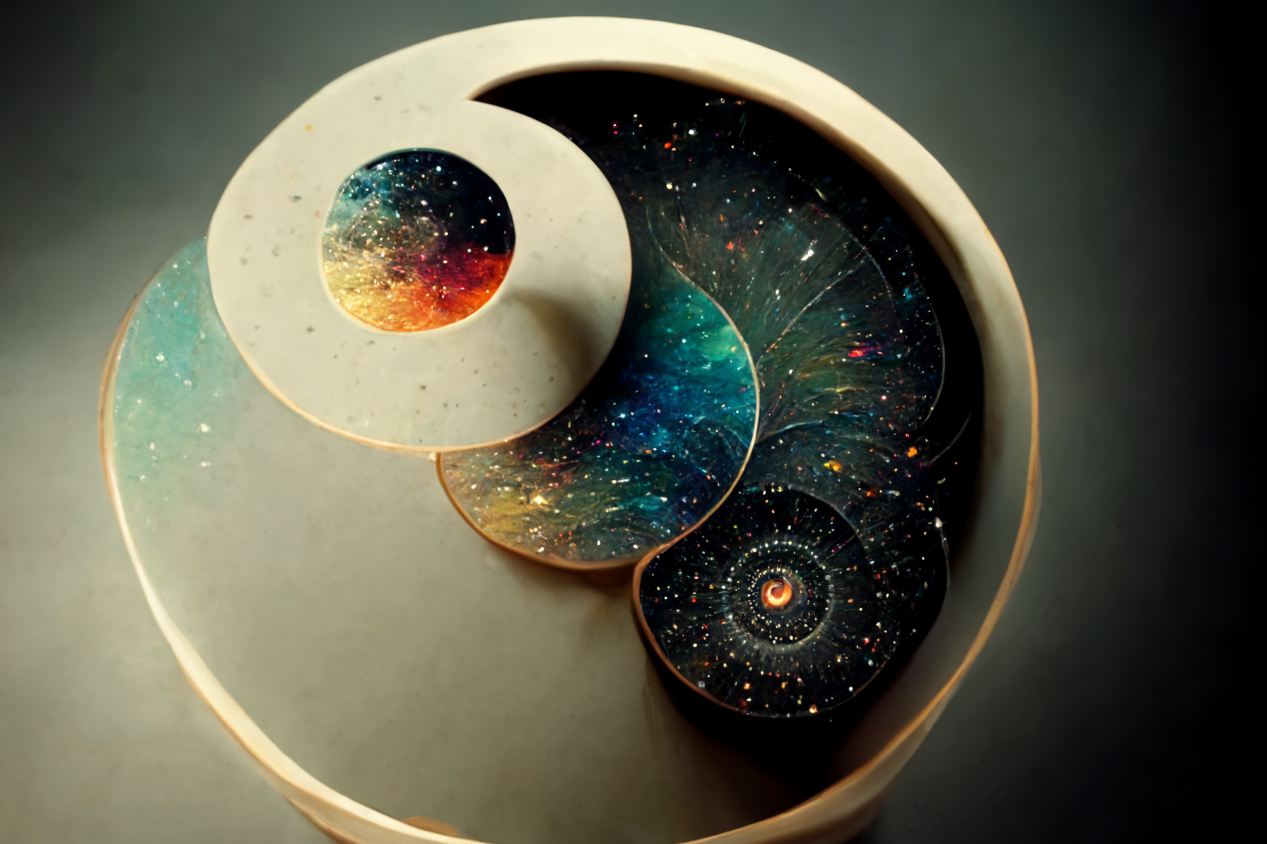 an AI generated image of several galaxies contained within overlapping golden circles