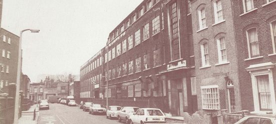 Old sepia photo of the front of Chisenhale Dance Space taken from an original 1980 CDS programme pamphlet