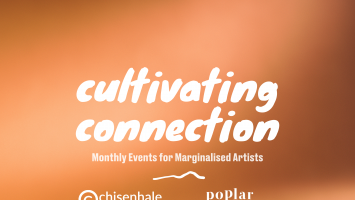 Text reads: 'cultivating connection, Monthly Events for Marginalised Artists.' Text is white handwriting on a gradient beige and brown background.