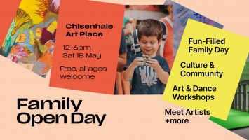 Text reads: Family Open Day. Chisenhale Art Place 12-6pm Sat 18 May