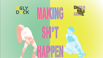 A graphic of two dancers, one standing on the left in orange tones, one sitting on the right n blue tones. Overlaid text reass Making Sh*t Happen Performance Party and Community Fair